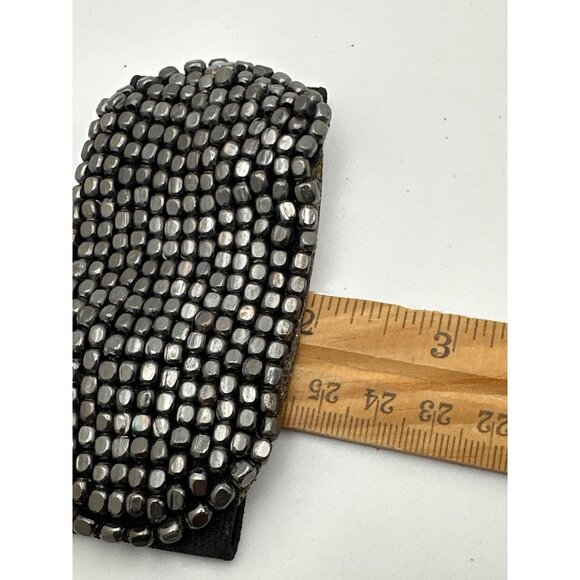 Gunmetal Cube Beaded Stretch Bracelet Wide Band Stretch Black Elastic Slide on - Picture 6 of 7